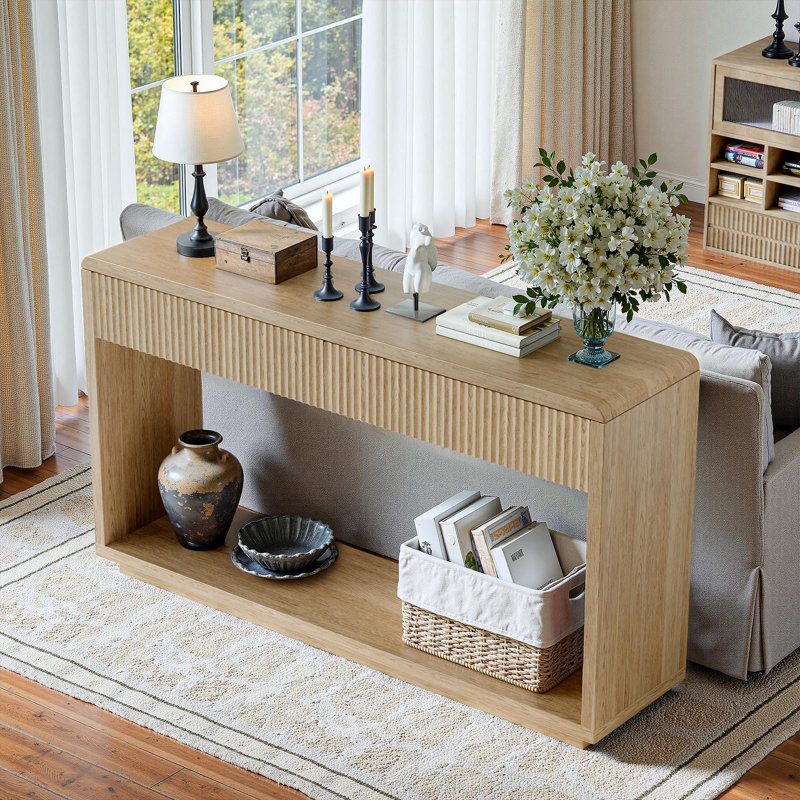 Table d'entrée 59 "avec tiroirs, console cannelée Boho, table de canapé avec rangement, Bois de chêne
