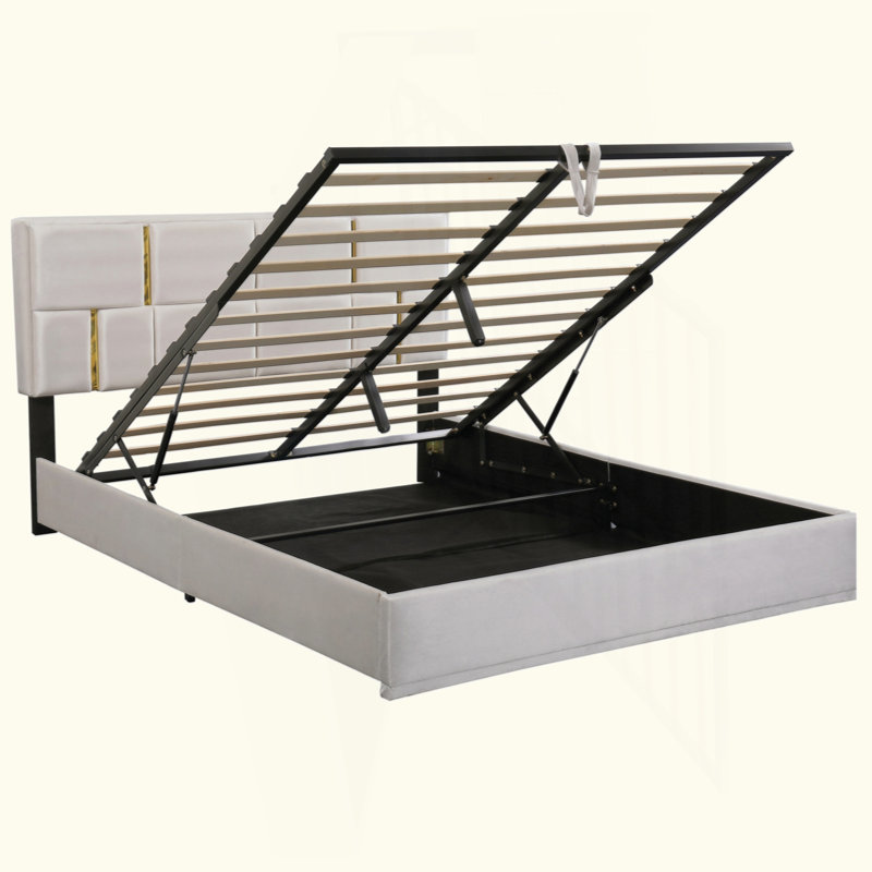 Lit plateforme tapissier avec tête de lit dorée - capacité de poids de 500 lb, rangement hydraulique sous le lit, assemblage facile en 1 paquet, conception intemporelle pour la chambre à coucher