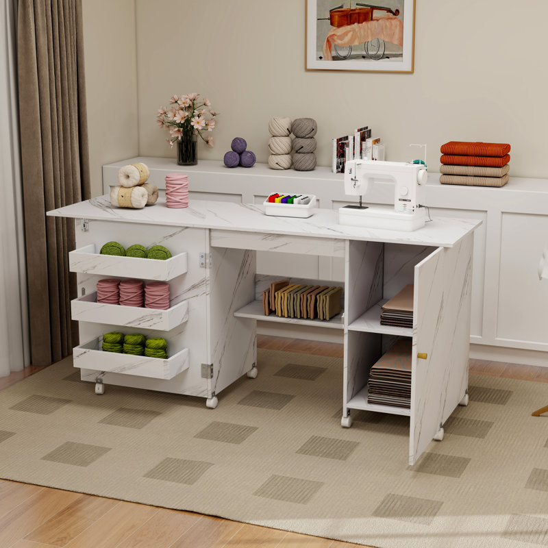 Table de couture pliable en bois 57,5 "avec roues, chariot de table