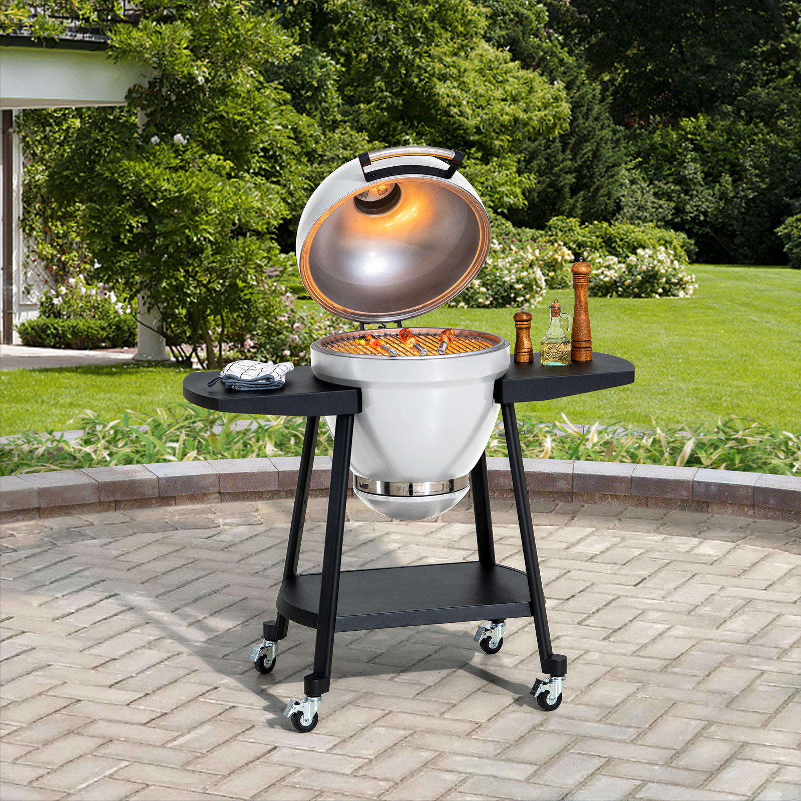 Kamado Grill with Pizza Stone, White