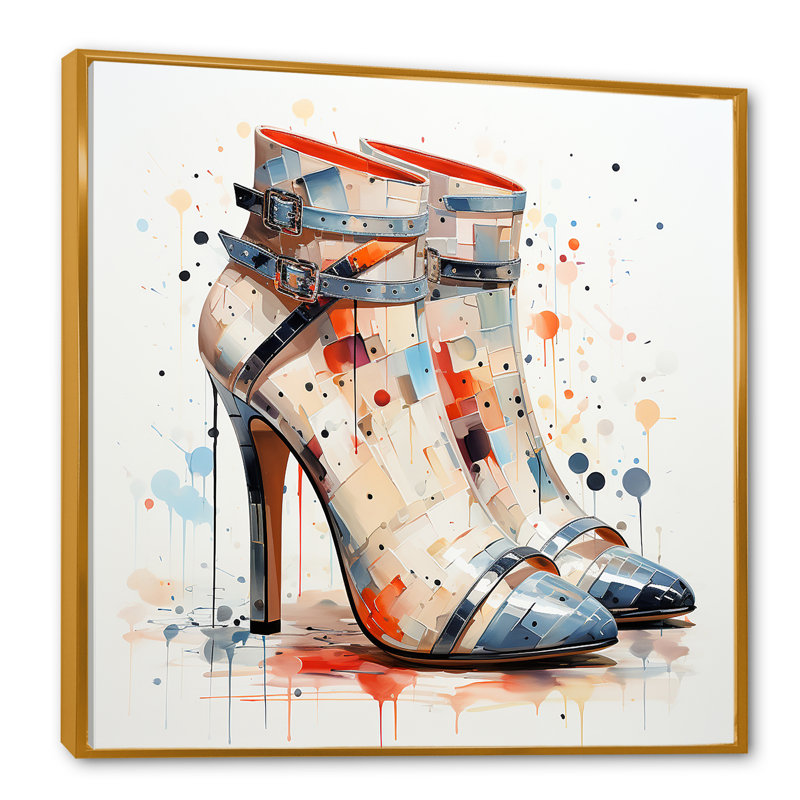 Talons hauts blancs et gris Mid Century Elegance - Fashion High Heels Wall Art, Cadre flottant doré