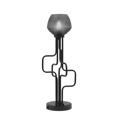 Amarmula Accent Lamp, With USB Ports, Matte Black Finish, 6" Smoke Textured Glass