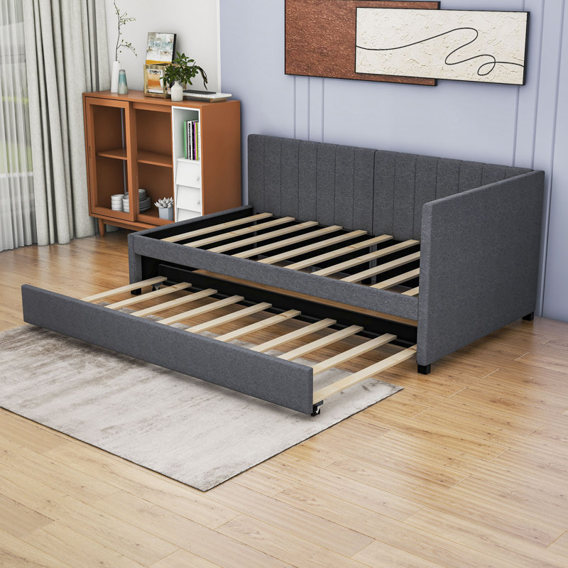 Yasmir Upholstered Sofa Daybed with Trundle, Twin, Gray