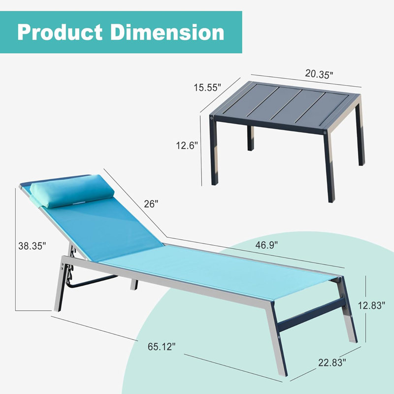Patio Chaise Lounge Set, 3 Pieces Adjustable Backrest Pool Lounge Chairs PVC-coated polyester Sunbathing Recliner with Headrest (2 Lounge Chairs+1 Table)