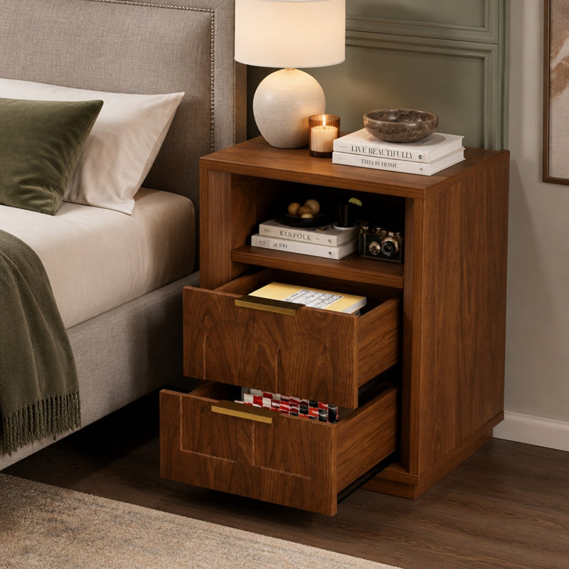 Table de chevet en bois avec tiroirs de rangement et station de recharge USB-C, ensemble de 2, Walnut
