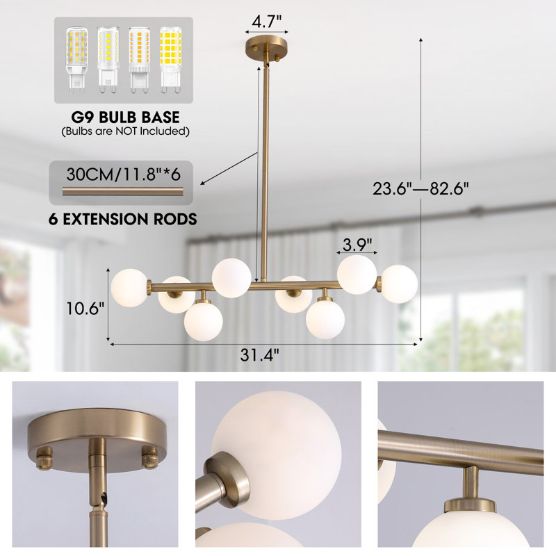 Lustre spoutnik linéaire en métal 8 lumières avec abat-jour en verre Jewellia , Blanc