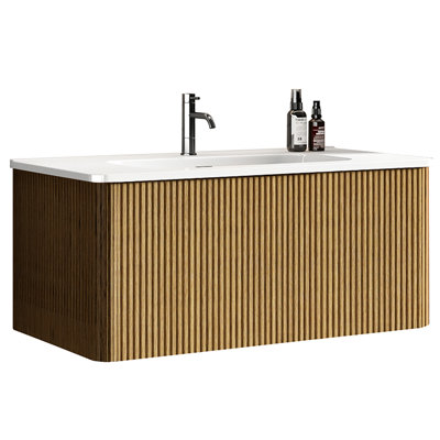 Striped Natural Oak 36" Bathroom Vanity, Wall Mounted, Pre - Assembled, White Ceramic Basin, Hardware, Film Lamination, U Shape Fitting Modern Oak, Sink, , Curved Edges For , Spacious Drawer With