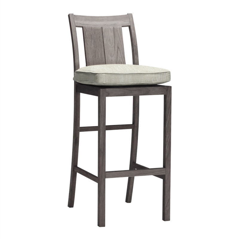 Croquet 24.5" Patio Bar Stool with Cushion, Rollo Chambray InsideOut® Linen, Welt, Oyster Teak
