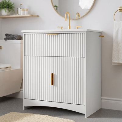 Meuble-lavabo 30 po avec lavabo en céramique, armoire de rangement encastrée cannelée, finition chêne naturel ou blanc
