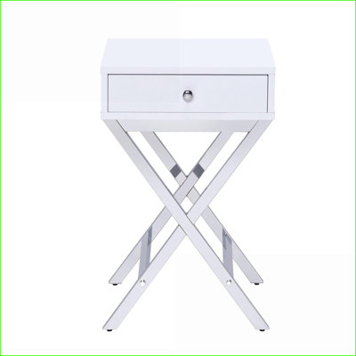 Table basse blanche et chromée avec 1 tiroir, base en X moderne pour les petites pièces
