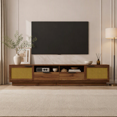 Meuble télé 78 po avec panneaux avant en rotin, tiroirs, tablettes ouvertes, pour téléviseurs de 85 po ou moins