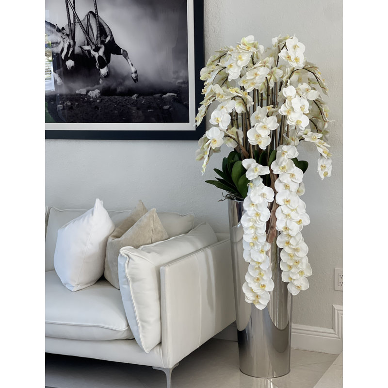 Cascading White Phalaenopsis Orchids In Tapered Polished  Cone Planter, Silver