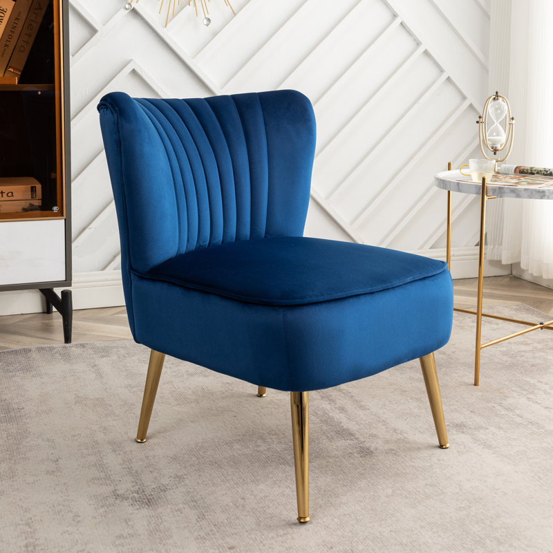 Seelinger Velvet Accent Chair with Gold Chrome Legs, Blue Velvet