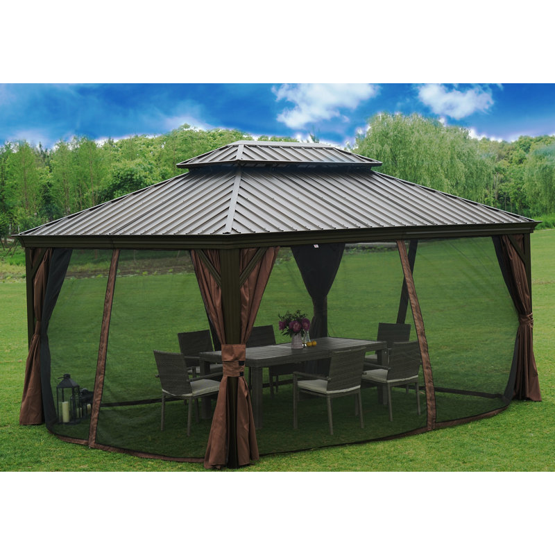 Kozyard Alexander 12' x 16' Brown Aluminum Hardtop Gazebo with Curtains