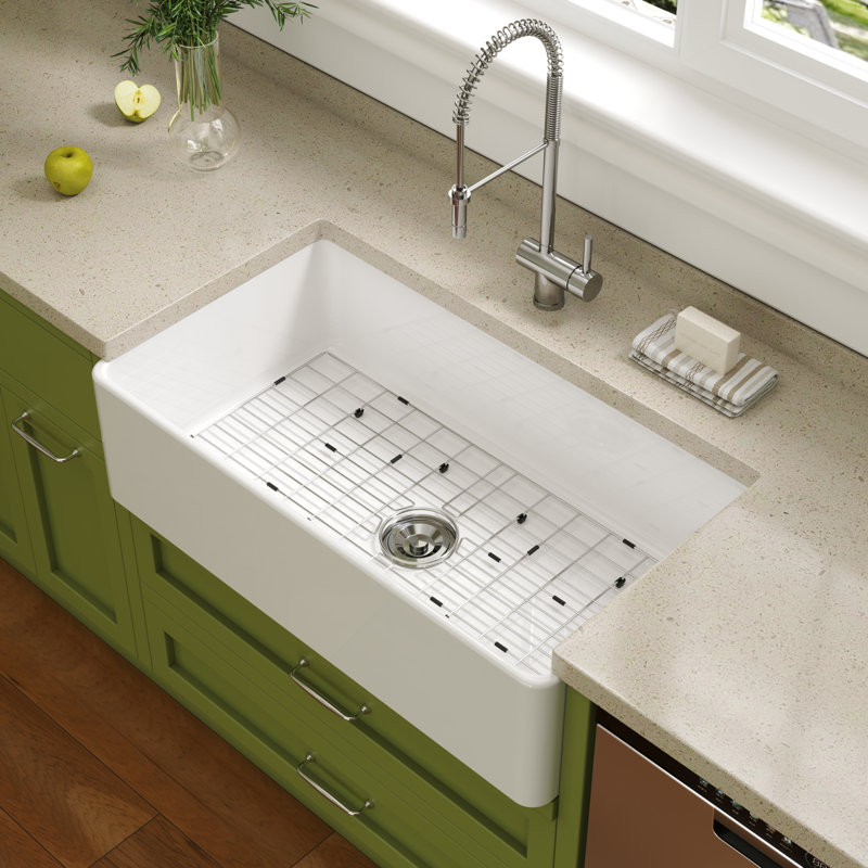 CozyStream 36 in. Farmhouse Apron-Front Single Bowl White Fireclay Kitchen Sink with Bottom Grid and Strainer