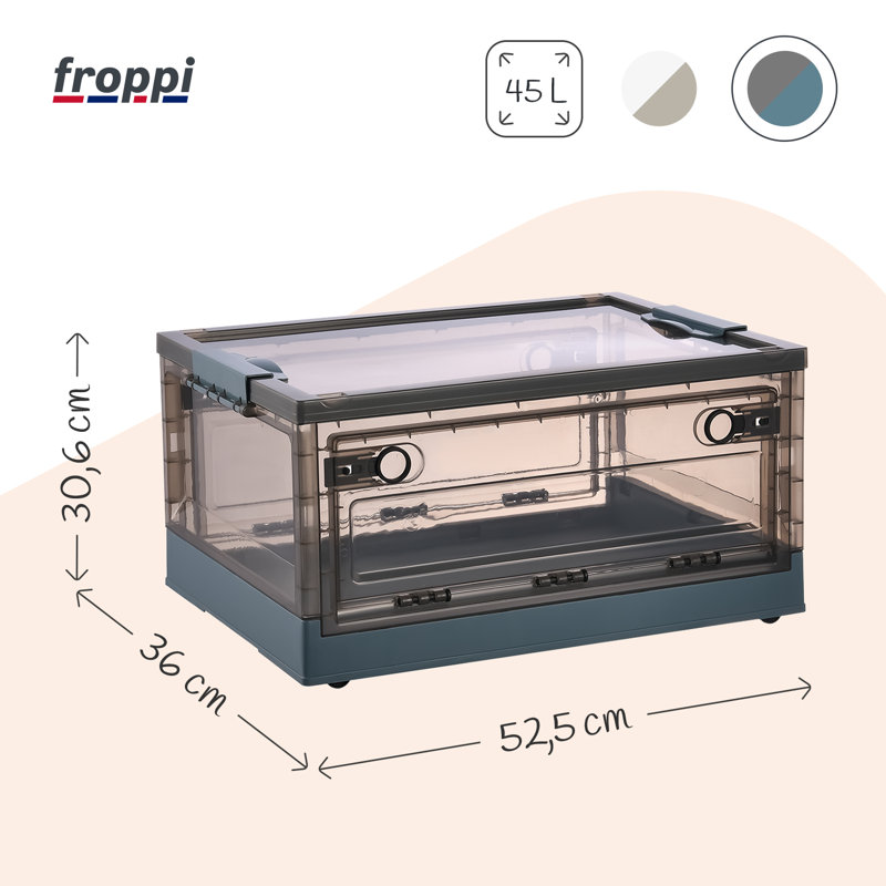 Froppi Collapsible Hard Plastic Multi-purpose Clear Storage Box for Toys, Books, Shoes, Clothes, Blue, 45