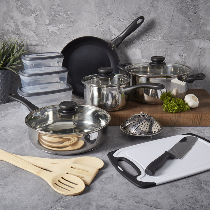 Basic Essentials 19-Piece Induction-Ready Stainless Steel Prep and Store Cookware Set