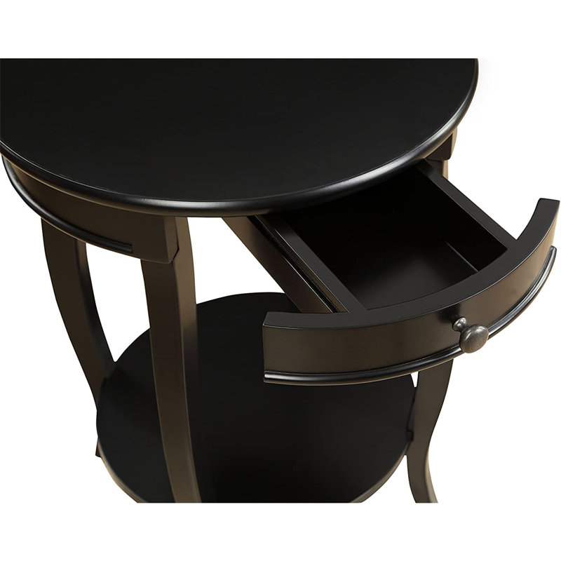 Table d'appoint à plateau rond avec rangement ouvert à 1 tiroir seulement, sans chaises.