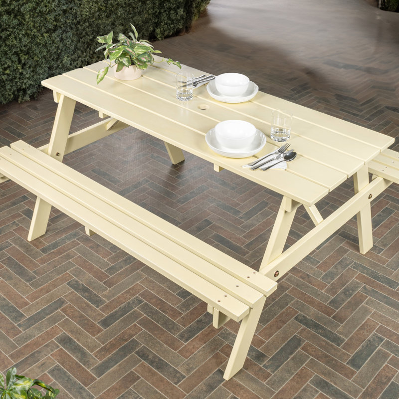Shoreham 59" Classic Eucalyptus Wood Outdoor Picnic Table with Built-In Benches and Umbrella Hole, Almond for Patio and Backyard