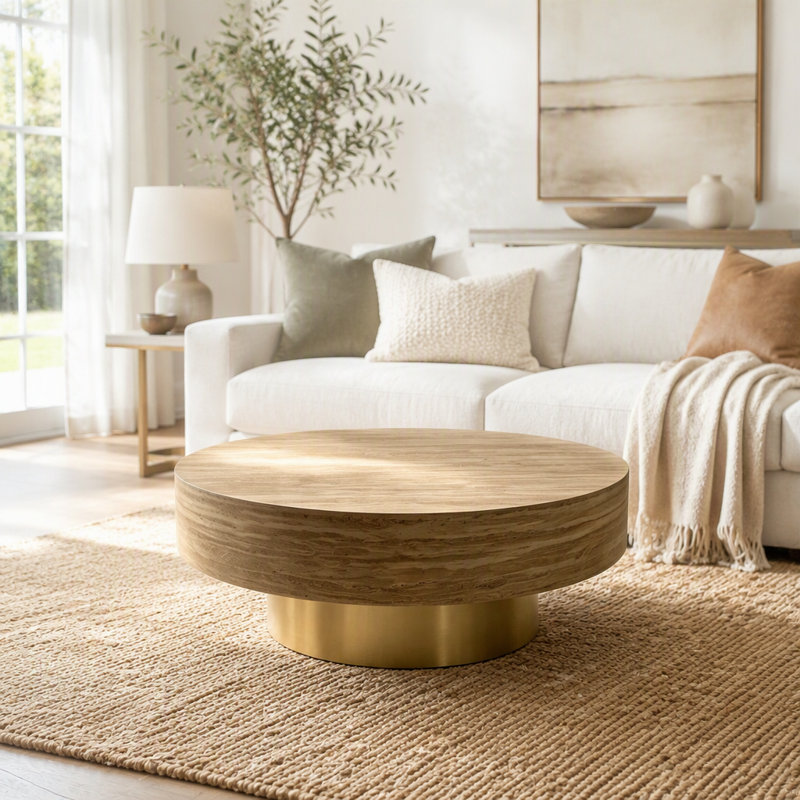 Table basse ronde en travertin, table basse tambour moderne avec pied central en métal doré champagne, table basse circulaire texturée aspect pierre pour salon