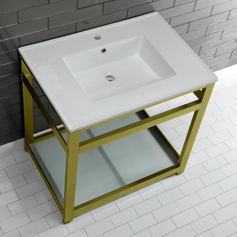 Kingston Brass Quadras 31-Inch Ceramic Console Sink with Steel Base and Glass Shelf, Single, White/Brushed Brass