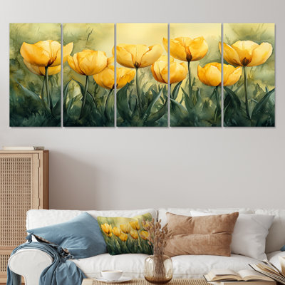 Aquarelle, tulipes, bouquet de fleurs d'été III - tulipes - art mural traditionnel, ensemble de 5 décorations murales