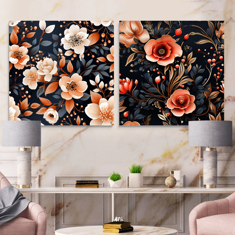 Motif floral rétro nostalgie pêche - Art mural acrylique sur verre floral, ensemble de 2, H 16 po x l 33 po
