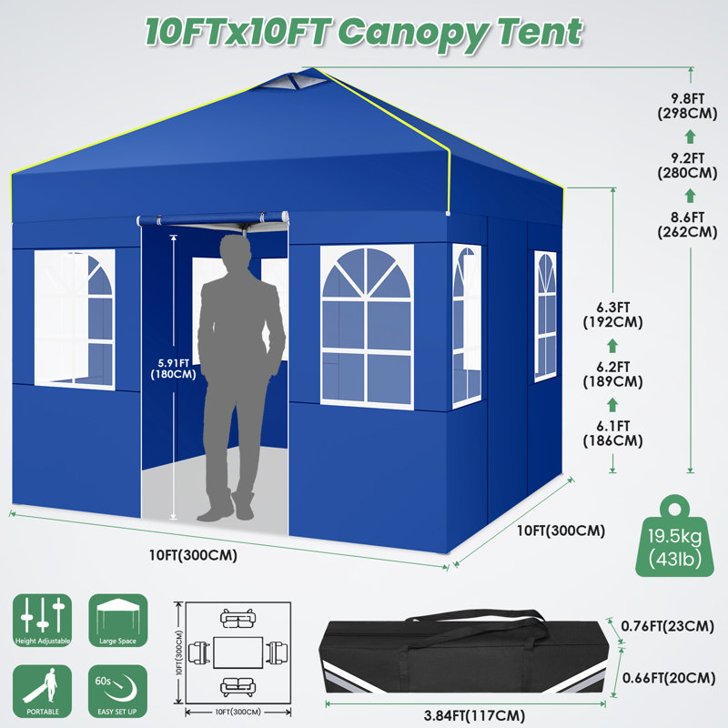 10x10 Pop Up Canopy Tent, One Push Setup Glow Outdoor Tent with 4 Sidewalls, Dark Blue