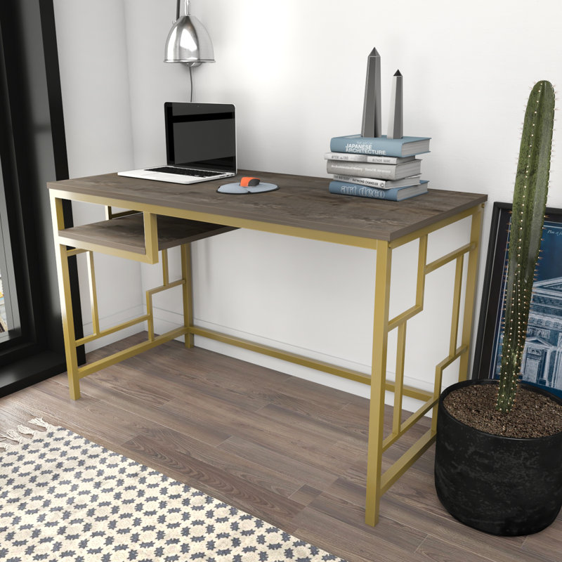 Richland Metal Base Writing Desk, Dark Brown/Gold