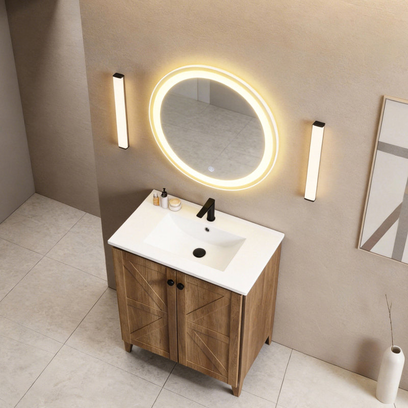 Armoire de plancher pliante en chêne doré de 30 pouces avec évier - Assemblage rapide et facile, solution de salle de bain compacte, panneau à faible teneur en formaldéhyde, empreinte digitale - mat, charnières silencieuses, aspect 3D, capacité de rangement pliable