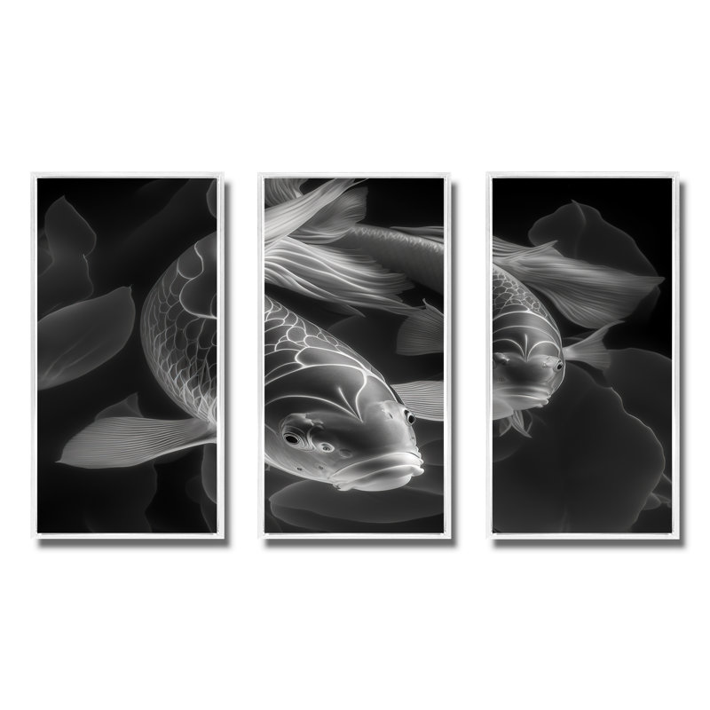 Mono Koi Fish - 3 pièces sur toile, H 20 po x l 36 po x P 1 po, Cadre flottant blanc