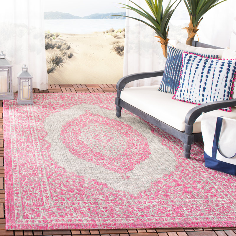 Auburn Hooked Grey/Pink Indoor/Outdoor Rug, Rectangle 160 x 231 cm