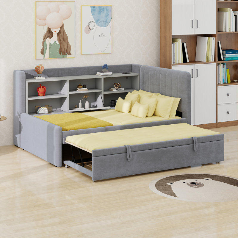 Lit de jour rembourré avec lit gigogne, tablettes de rangement, port USB et prise de courant, Gris