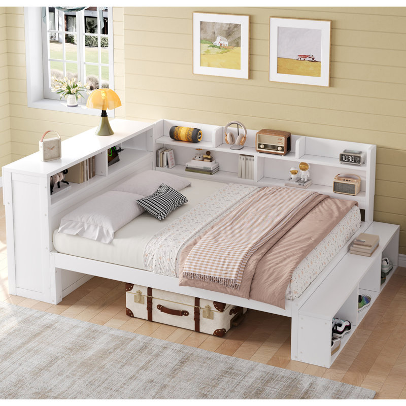 Lit de jour pleine grandeur avec armoires de rangement, armoire à chaussures et ports USB, blanc, Blanc