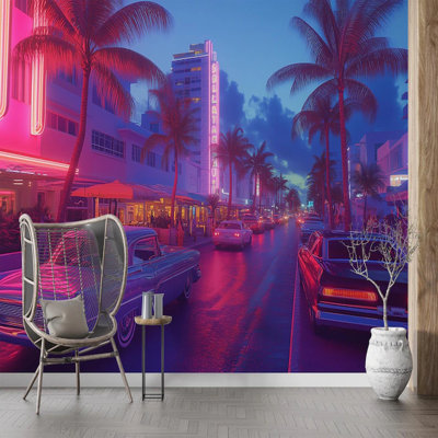 Murale Miami Art Deco Neon Street, papier peint paysage urbain rétro avec palmiers et voitures classiques, décor urbain vibrant pour le salon, la chambre et le bureau