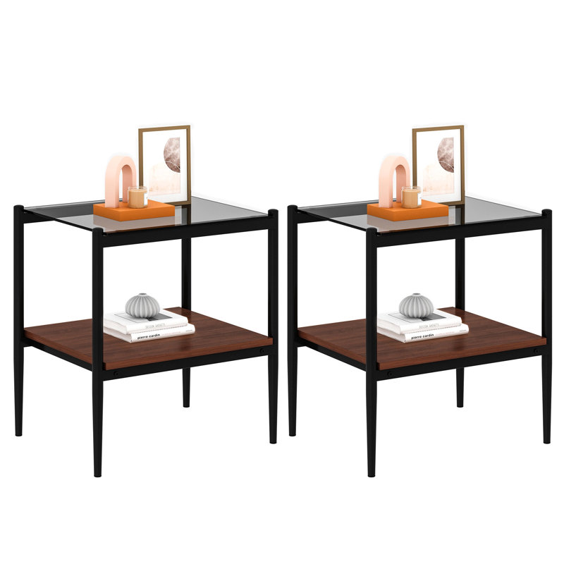 Ensemble de 2 tables de bout rectangulaires, plateau en verre trempé avec panneau de fibres à densité moyenne, table moderne pour le salon, verre gris