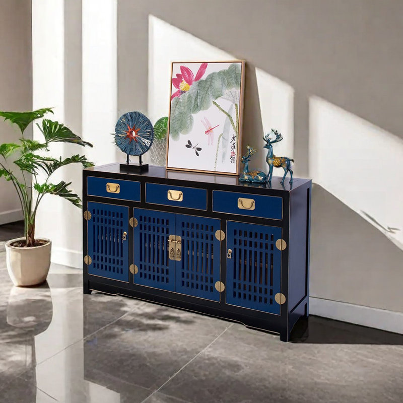 Modern Chinese Entrance Shoe Cabinet 12 Pair Solid Wood Shoe Storage Cabinet, Blue