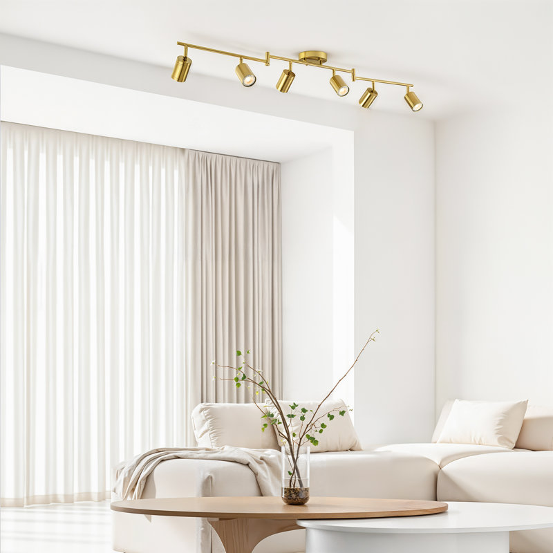 Luminaire sur rail 6 lumières avec têtes réglables et 6 ampoules incluses, Doré, Doré