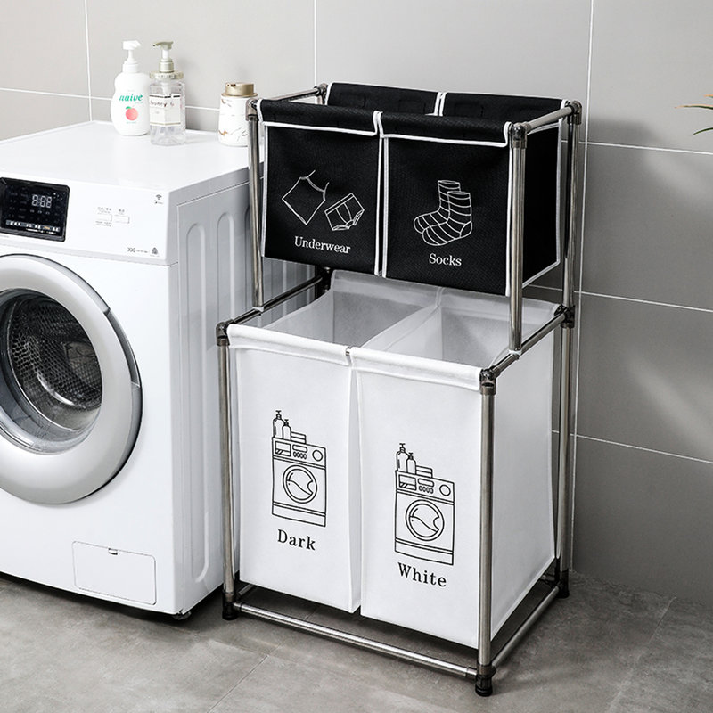 Trieur de linge à 2 niveaux avec 4 sacs amovibles, quatre roues, installation facile, imperméable et fiable
