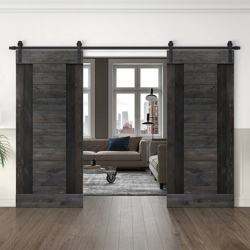 Porte de grange à panneaux et en bois avec quincaillerie d'installation, 48 po x 84 po, Noir anthracite