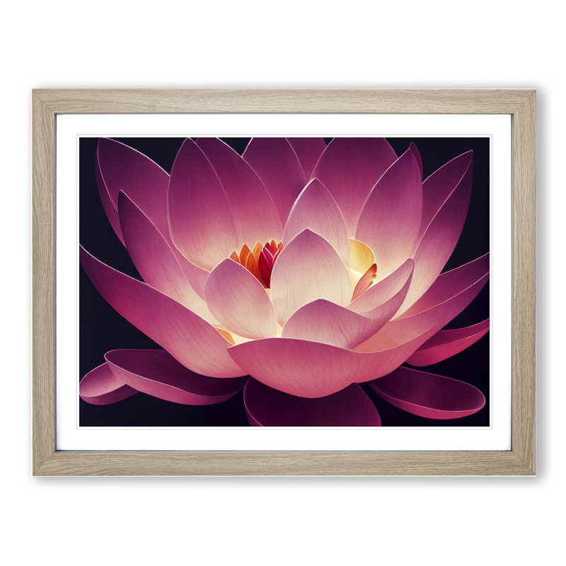 Illuminating Lotus Flower - Single Picture Frame Print, 25cm H x 34cm W x 2cm D, Oak