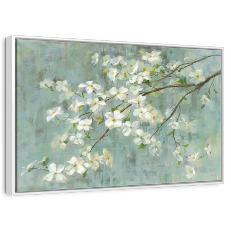Cornouiller au printemps sur fond bleu, Cadre flottant blanc, 40 po x 27 po