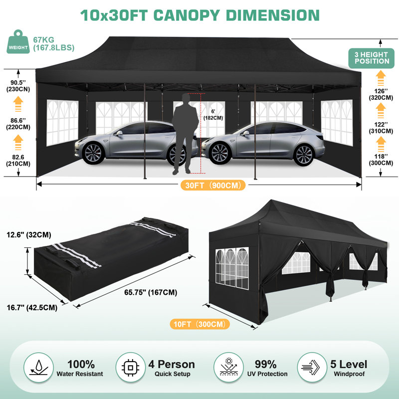 30 Ft. W x 10 Ft. D Metal Pop-up Canopy for Parties , Black