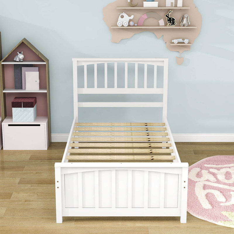 Twin Size Wooden Platform Bed with Headboard, White