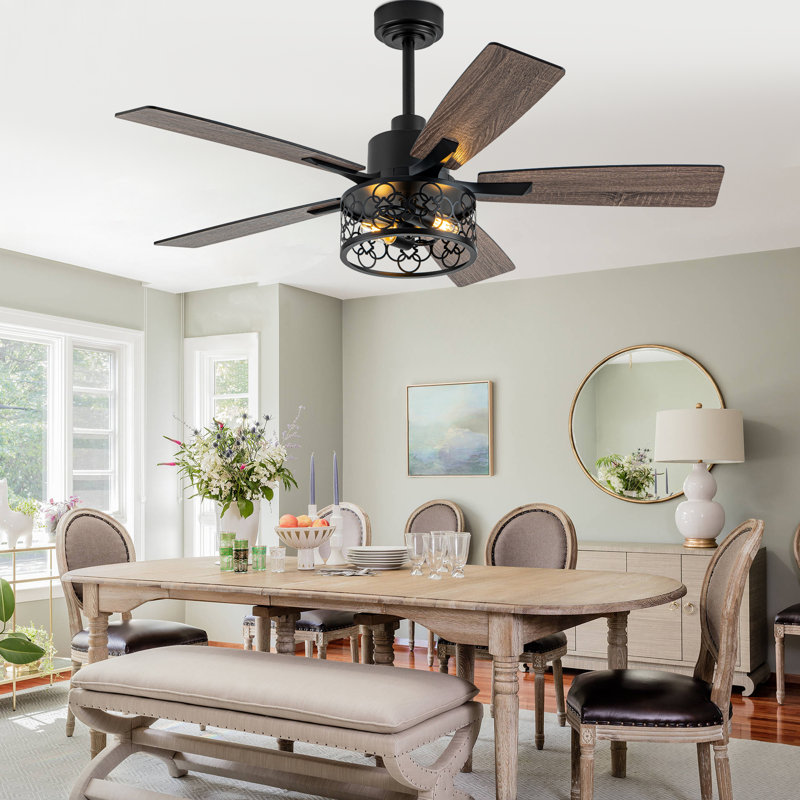 52 Inch Farmhouse Caged Ceiling Fans With Lights And Remote, Dual Finish 5 Wood Blades Black Ceiling Fans, 52"
