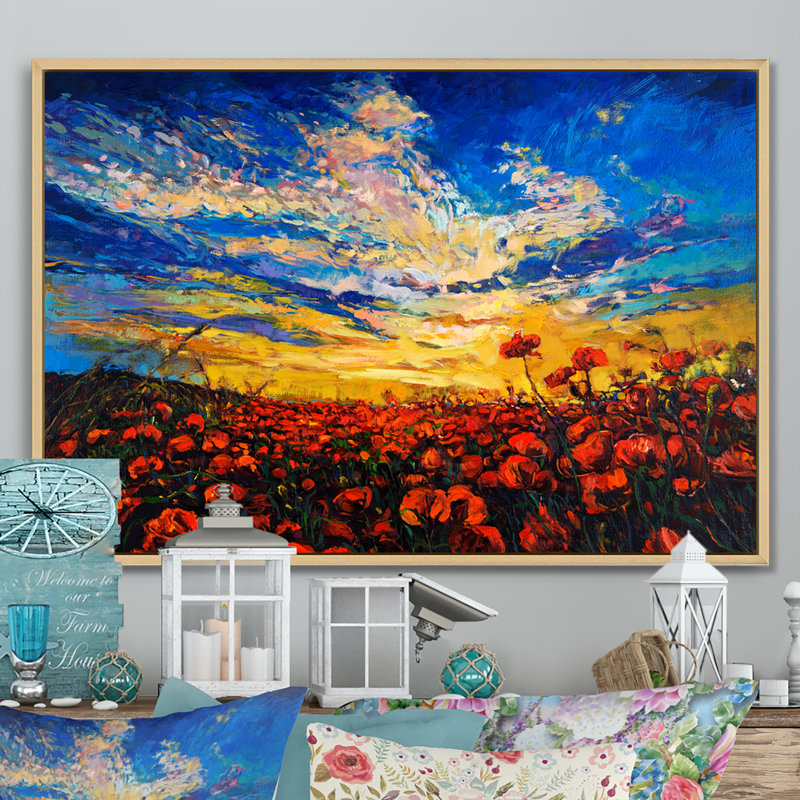 Red Poppy Fields Ii - reproduction d'art sur toile, H 16 po x l 32 po x P 1 po, Cadre naturel flottant