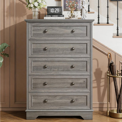 Wash Grey 5-Drawer Farmhouse Dresser, Rustic Wood Grain Vertical Storage Chest, Anti-Tip MDF Organizer Cabinet for Bedroom, Living Room, Hallway