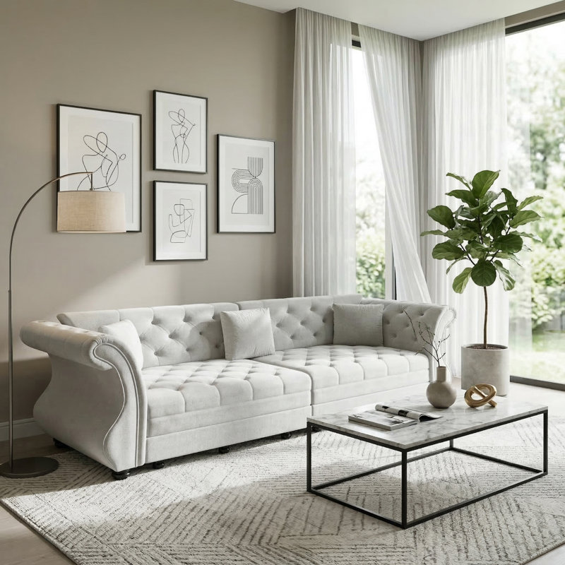 Canapé-lit 98 po très grand Chesterfield, H 34,6 po x l 98 po x P 33 po, Gris clair