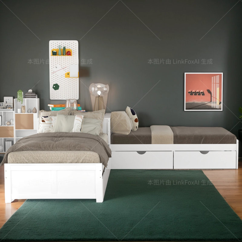 Lit plateforme en L 117,6 "avec lit gigogne et tiroirs, lié avec bureau intégré, simple, Blanc
