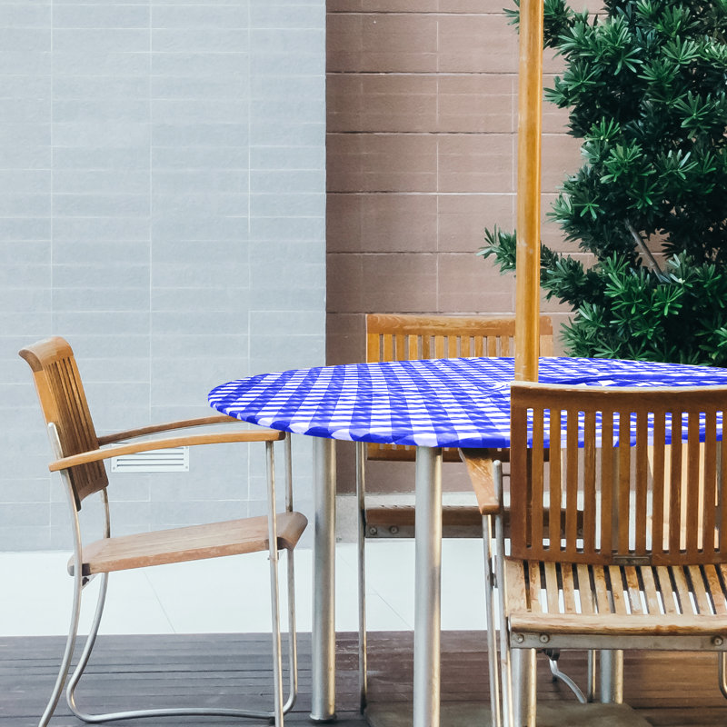 Jevdokija Vinyl Picnic Fited Tableclth With Umbrella Hole 30" Round, Blue, 36" x 36"